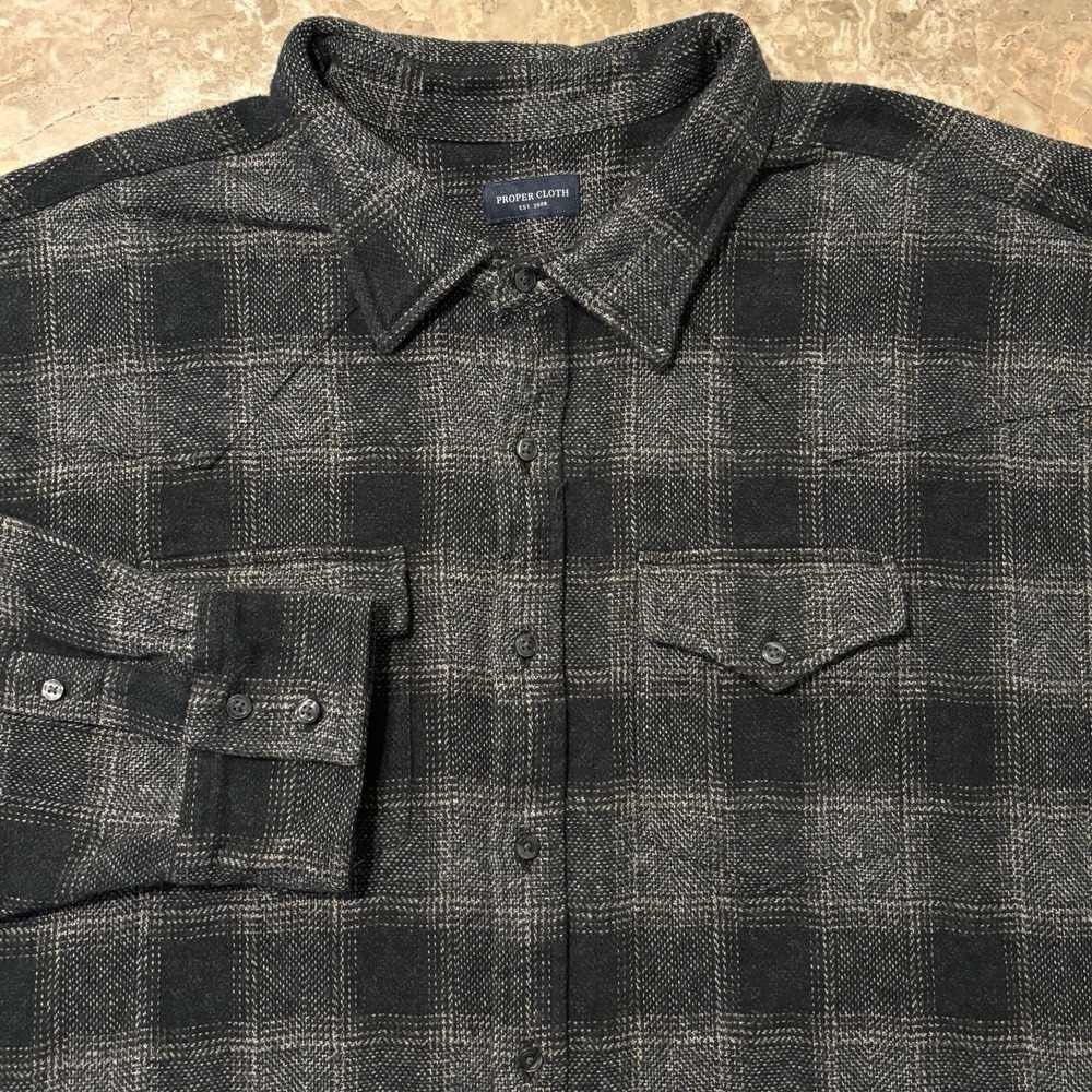 Proper Cloth Shirt Mens 19.5 37.5 Japanese Low Twist Plaid Grey Long Sleeve
